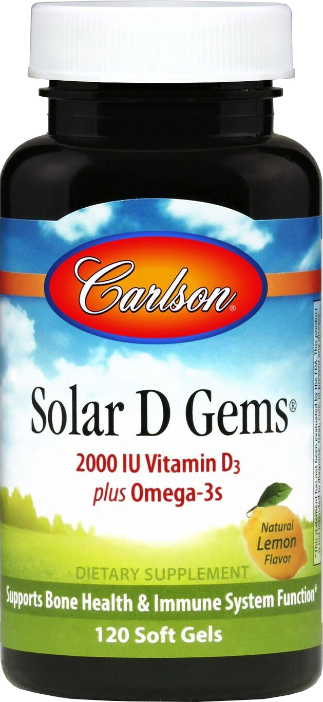 Solar D Gems®, 2000 IU Vitamin D3 + Omega-3s, Lemon Flavor, 120 Softgels , Brand_Carlson Labs Flavor_Lemon Form_Softgels Potency_2000 iu Size_120 Softgels softgels