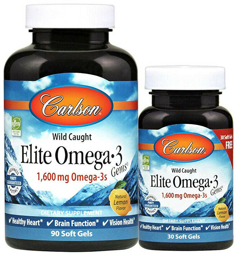 Elite Omega-3 Gems®, 1600 mg Omega-3s, Lemon Flavor, 90 + 30 Softgels , Brand_Carlson Labs Dietary Concern_Gluten Free Flavor_Lemon Form_Softgels Potency_1600 mg Size_120 Softgels softgels