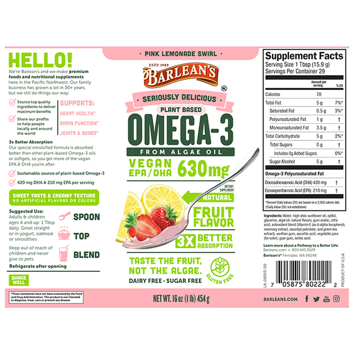 Omega-3 from Algae Oil Pink Lemon, 16oz , Brand_Barleans Form_Liquid