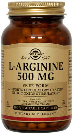 L-Arginine, 500 mg, 100 Vegetable Capsules , Brand_Solgar Form_Vegetable Capsules Potency_500 mg Size_100 Caps