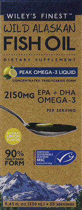 Wild Alaskan Fish Oil Peak Omega-3 Liquid, 2150 mg EPA + DHA Omega-3, Natural Lemon Flavor, 8.45 Fl Oz (250 mL) Liquid , Brand_Wiley's Fish Oil Flavor_Lemon Form_Liquid Potency_2150 mg Size_8 Oz