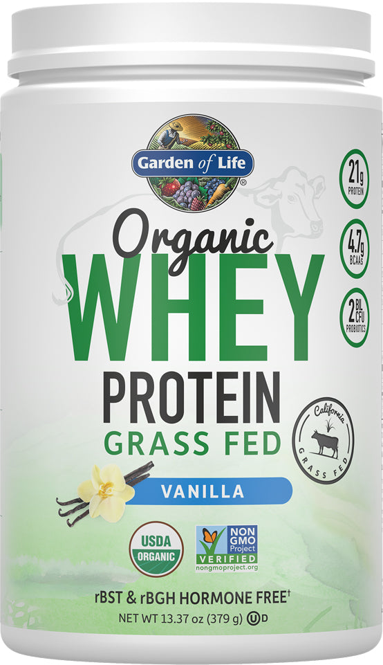 Organic Grass-Fed Whey Protein, Vanilla Flavor, 13.37 Oz (379 g) Powder , Brand_Garden of Life Flavor_Vanilla Form_Powder Size_13.37 Oz