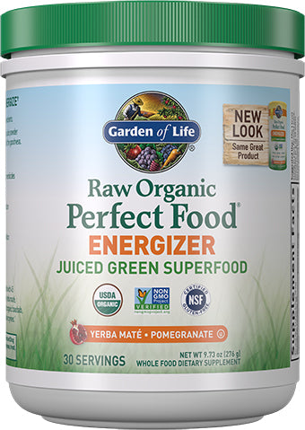 Raw Organic Perfect Food Energizer Powder, Pomegranate and Yerba Mate Flavor, 9.73 oz(276 g) , Brand_Garden of Life Flavor_Pomegranate and Yerba Mate Form_Powder Size_9.73 Oz