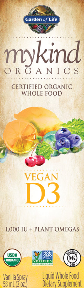 mykind Organics Vegan D3 Organic Spray, Vanilla Flavor, 2 oz Vegan Liquid , Brand_Garden of Life Flavor_Vanilla Form_Vegan Liquid Spray Size_2 Oz