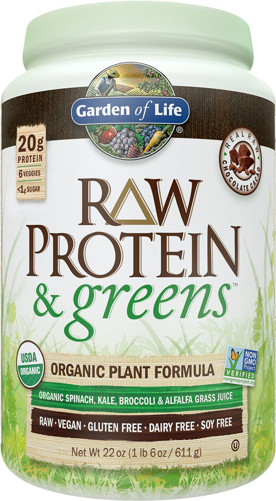 RAW Protein & Greens Chocolate Cacao, 22 oz (611 g) Powder , Brand_Garden of Life Flavor_Chocolate Form_Powder powder Size_22 Oz