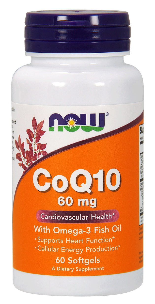CoQ10 60 mg w/ Omega 3 Fish Oils, 60 Softgels , Brand_NOW Foods Form_Softgels Potency_60 mg Size_60 Softgels