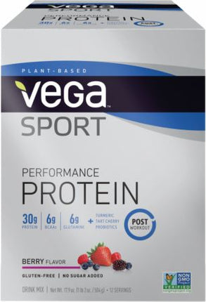 Vega Sport Performance Protein, 30 g of Protein, Berry Flavor, Box of 12 Packets , Brand_Vega Flavor_Berry Form_Powder Potency_30 g Size_12 Count