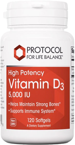 High Potency Vitamin D3, 5000 IU, 120 Softgels , Brand_Protocol for Life Balance Form_Softgels Requires Consultation Size_120 Softgel Capsules softgels