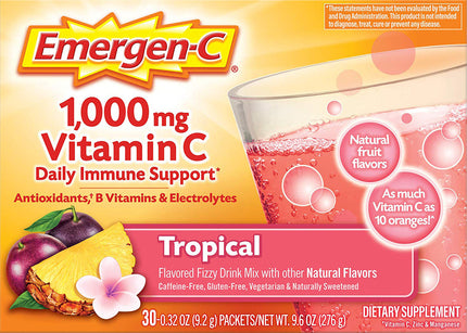Emergen-C® 1000 mg Vitamin C, Tropical Flavor, 30 x 0.32 Oz (9.2 g) Powder Packets , Brand_Alacer Flavor_Tropical Potency_1000 mg Size_9 Oz