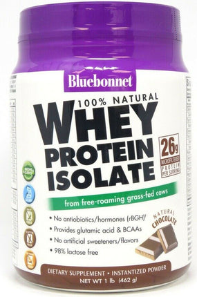 100% Natural Whey Protein Isolate from free-roaming grass-fed cows, 26 g Microfiltered of Protein Per Serving, Natural Chocolate Flavor, 1.1 Lb (496 g) Powder , Brand_Blue Bonnet Flavor_Chocolate Form_Powder Potency_26 g Size_1 Lbs