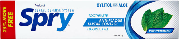 Spry Fluoride Free with Xylitol and Aloe, Peppermint Flavor, 5 Oz (141 g) Toothpaste