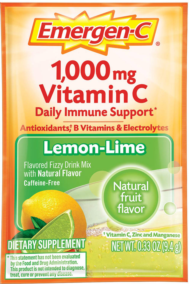 Emergen-C® 1000 mg Vitamin C, Lemon-Lime Flavor, 0.33 Oz (9.4 g) Powder Packet , Brand_Alacer Flavor_Lemon Lime Potency_1000 mg Size_0.32 Oz