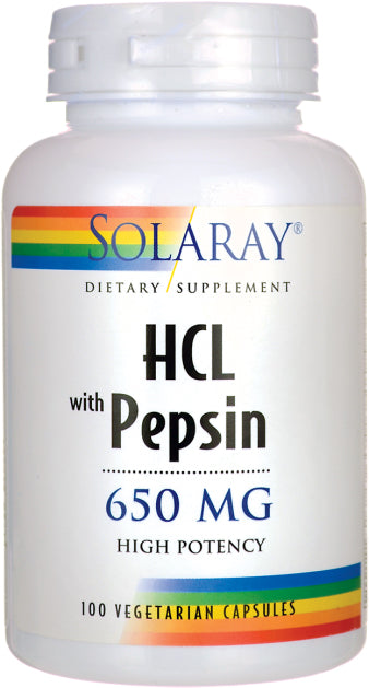 High Potency HCL + Pepsin 650 mg, 100 Vegetarian Capsules , Brand_Solaray Form_Vegetarian Capsules Potency_650 mg Size_100 Caps