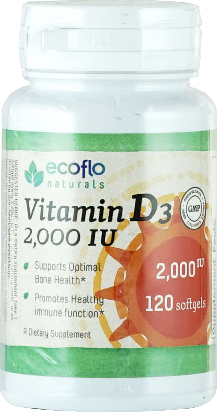 Vitamin D3, 2000 IU, 120 Softgels , BOGO Mix and Match BOGO Sale Brand_Ecoflo Naturals Form_Softgels Potency_2000 iu Size_120 Count