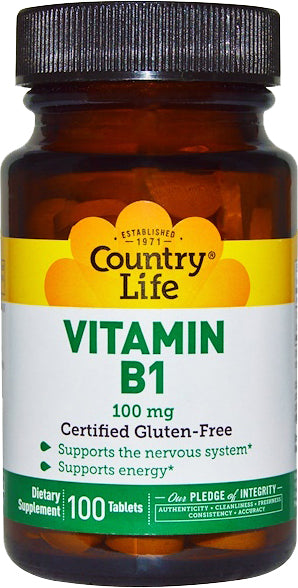 Vitamin B1 100 mg, 100 Tablets , Brand_Country Life Potency_100 mg Size_100 Tabs