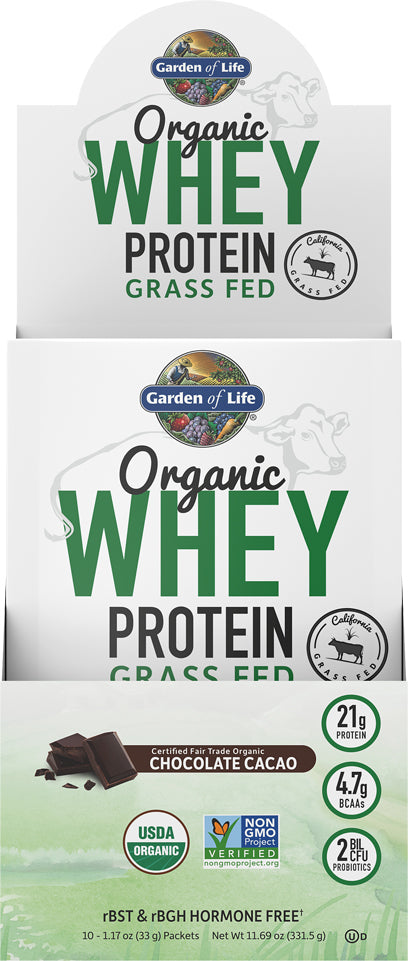 Organic Grass-Fed Whey Protein, Chocolate Flavor, 1.17 Oz (33 g) Powder , Brand_Garden of Life Flavor_Chocolate Form_Powder Size_1.17 Oz