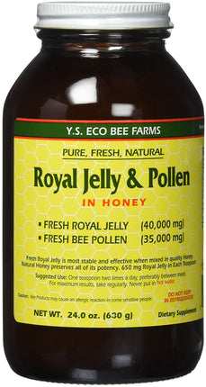 Royal Jelly & Pollen in Honey, 40000 mg Fresh Royal Jelly & 35000 mg Fresh Bee Pollen, 24 Oz (630 g) Honey , Brand_Ys Oganic Bee Farm Form_Honey Potency_40000 mg Size_24 Oz