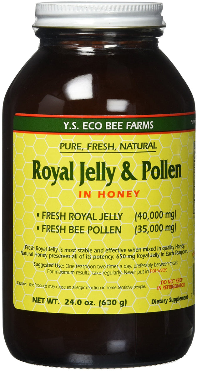 Royal Jelly & Pollen in Honey, 40000 mg Fresh Royal Jelly & 35000 mg Fresh Bee Pollen, 24 Oz (630 g) Honey , Brand_Ys Oganic Bee Farm Form_Honey Potency_40000 mg Size_24 Oz