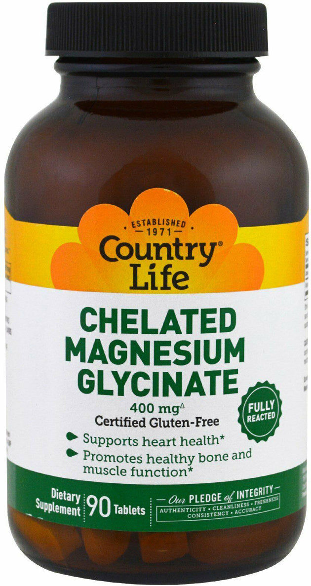 Chelated Magnesium Glycinate, 400 mg, 90 Tablets , Brand_Country Life Form_Tablets Potency_400 mg Size_90 Tabs