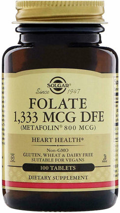 Folate (as Metafolin), 800 mcg, 100 Tablets , Brand_Solgar Form_Tablets Potency_800 mcg Size_100 Tabs