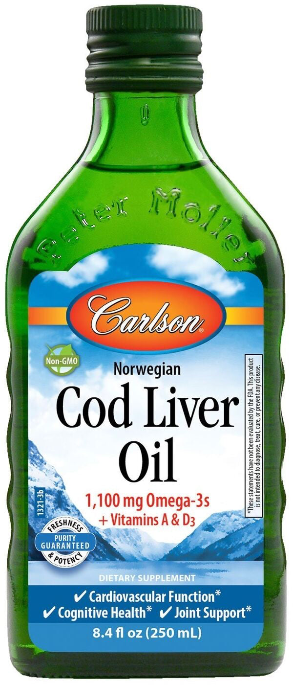Cod Liver Oil, 1100 mg of Omega-3, 8.4 Fl Oz (250 mL) Liquid , Brand_Carlson Labs Potency_100 mg Size_8.4 Fl Oz