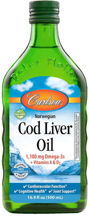 Cod Liver Oil, 1100 mg of Omega-3, 16.9 Fl Oz (500 mL) Liquid , Brand_Carlson Labs Potency_100 mg Size_16.9 Fl Oz