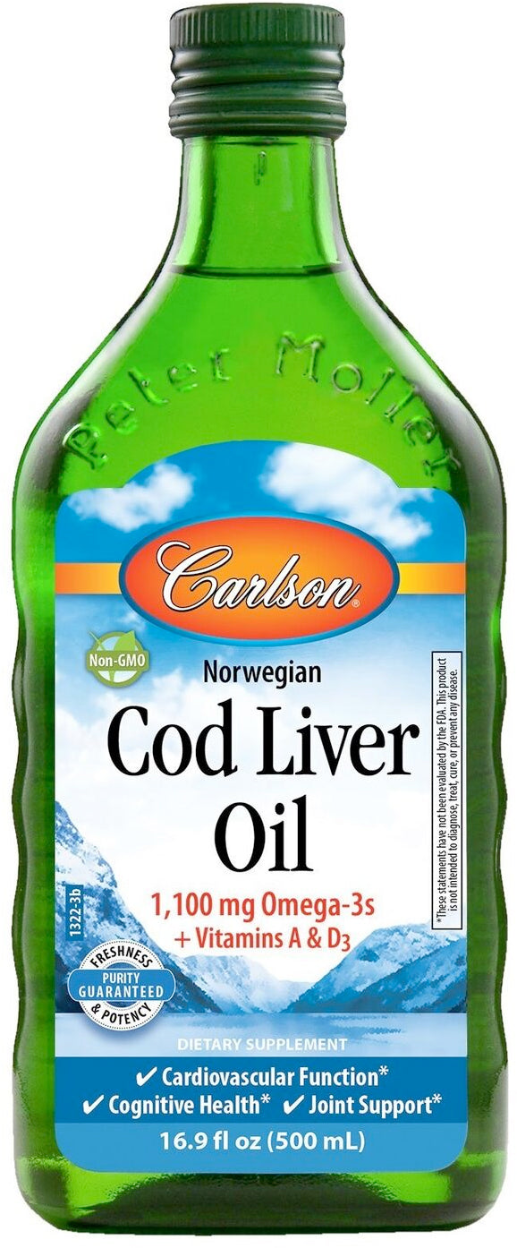 Cod Liver Oil, 1100 mg of Omega-3, 16.9 Fl Oz (500 mL) Liquid , Brand_Carlson Labs Potency_100 mg Size_16.9 Fl Oz