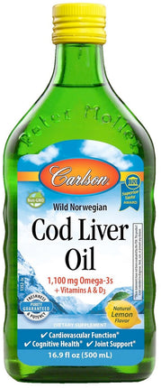 Cod Liver Oil, 1100 mg of Omega-3, Lemon Flavor, 16.9 Fl Oz (500 mL) Liquid , Brand_Carlson Labs Flavor_Lemon Potency_100 mg Size_16.9 Fl Oz