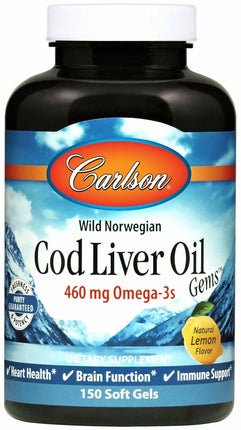 Wild Norwegian Cod Liver Oil Gems™, 460 mg Omega-3s, Lemon Flavor, 150 Softgels , Brand_Carlson Labs Flavor_Lemon Form_Softgels Potency_460 mg Size_150 Softgels