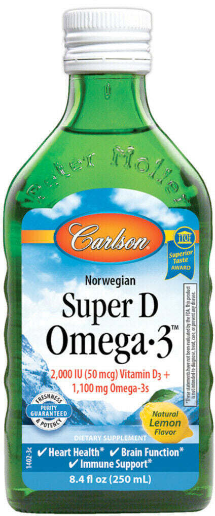 Super D Omega-3, 2000 IU Vitamin D3 + 1100 Omega-3s, Lemon Flavor, 8.4 Fl Oz (250 mL) Liquid , Brand_Carlson Labs Flavor_Lemon Form_Liquid Potency_2000 iu Size_8.4 Fl Oz