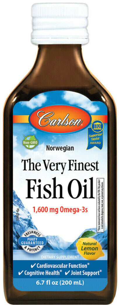 Norwegian The Very Finest Fish Oil, 1600 mg Omega-3s, Lemon Flavor, 6.7 Fl Oz (200 mL) Liquid , Brand_Carlson Labs Flavor_Lemon Form_Liquid Potency_1600 mg Size_6.7 Fl Oz