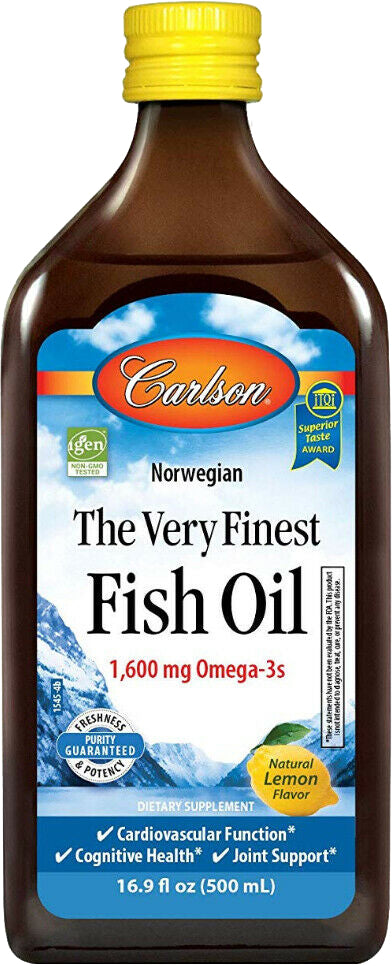Norwegian The Very Finest Fish Oil, 1600 mg Omega-3s, Lemon Flavor, 16.9 Fl Oz (500 mL) Liquid , Brand_Carlson Labs Flavor_Lemon Form_Liquid Potency_1600 mg Size_16.9 Fl Oz