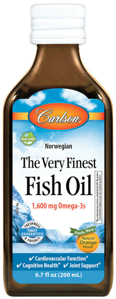 Norwegian The Very Finest Fish Oil, 1600 mg Omega-3s, Orange Flavor, 6.7 Fl Oz (200 mL) Liquid , Brand_Carlson Labs Flavor_Orange Form_Liquid Potency_1600 mg Size_6.7 Fl Oz