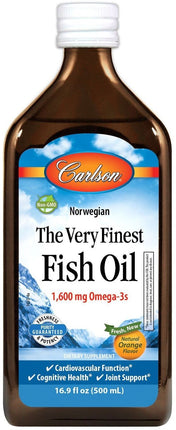 Norwegian The Very Finest Fish Oil, 1600 mg Omega-3s, Orange Flavor, 16.9 Fl Oz (500 mL) Liquid , Brand_Carlson Labs Flavor_Orange Form_Liquid Potency_1600 mg Size_16.9 Fl Oz
