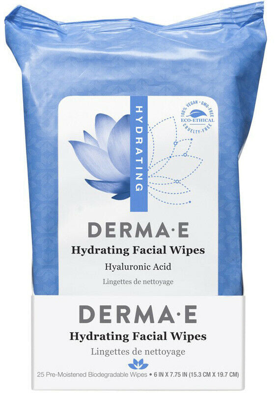 Hydrating Facial Wipes with Hyaluronic Acid, 25 Pre-Moistened Biodegradable 6 in x 7.75 in Wipes , Brand_Derma E Form_Wipes Size_25 Count