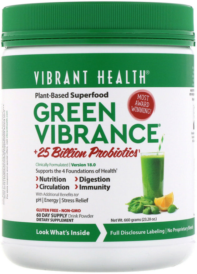 Green Vibrance +25 Billion Probiotics, Version 18.0, 60 Day Supply, 23.28 Oz (660 g) Powder , Brand_Vibrant Health Form_Powder Size_25 Oz
