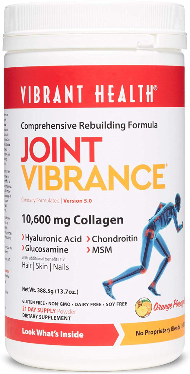Joint Vibrance with Hyaluronic Acid + Chondroitin + Glucosamine + MSM, 10600 mg Collagen, Version 5.5, Orange Pineapple Flavor, 13.7 Oz (388.5 g) Powder , Brand_Vibrant Health Flavor_Pineapple Form_Powder Potency_10600 mg Size_12 Oz