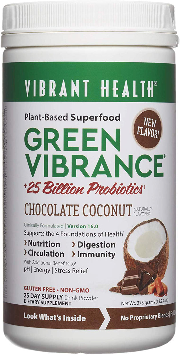 Green Vibrance +25 Billion Probiotics, Chocolate Coconut Flavor, 13.23 Oz (375 g) Powder , Brand_Vibrant Health Flavor_Chocolate Coconut Form_Powder Size_12 Oz