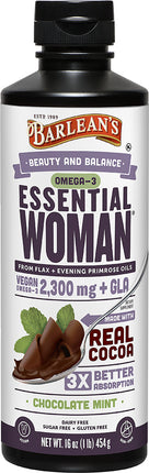 Omega-3 Essential Woman, 2300 mg of Vegan Omega-3 and GLA, Chocolate Mint Flavor, 16 Fl Oz (454 mL) Liquid , Brand_Barleans Flavor_Chocolate Mint Form_Liquid Potency_2300 mg Size_16 Oz