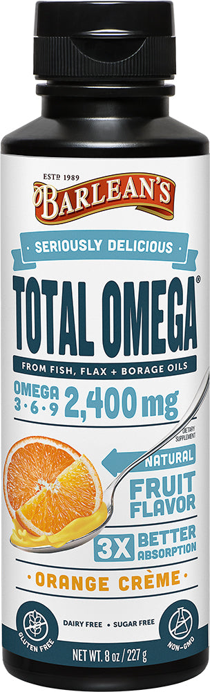 Total Omega, 2400 mg of Omega 3-6-9, Orange Crème Flavor, 8 Fl Oz (227 mL) Liquid , Brand_Barleans Flavor_Orange Form_Liquid Potency_2400 mg Size_8 Oz