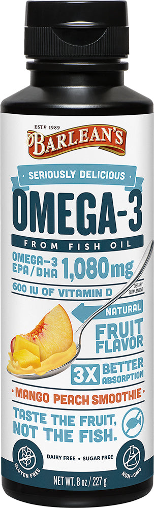 Omega-3 from Fish Oil, 1080 mg of Omega-3 EPA and DHA & 600 IU of Vitamin D, Mango Peach Flavor, 8 Fl Oz (227 mL) Liquid , Brand_Barleans Flavor_Mango Peach Form_Liquid Potency_1080 mg Size_8 Oz