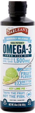 Omega-3 from Fish Oil, 1080 mg of Omega-3 EPA and DHA & 600 IU of Vitamin D, Key Lime Pie Flavor, 16 Fl Oz (454 mL) Liquid , Brand_Barleans Flavor_Key Lime Pie Form_Liquid Potency_1080 mg Size_16 Oz