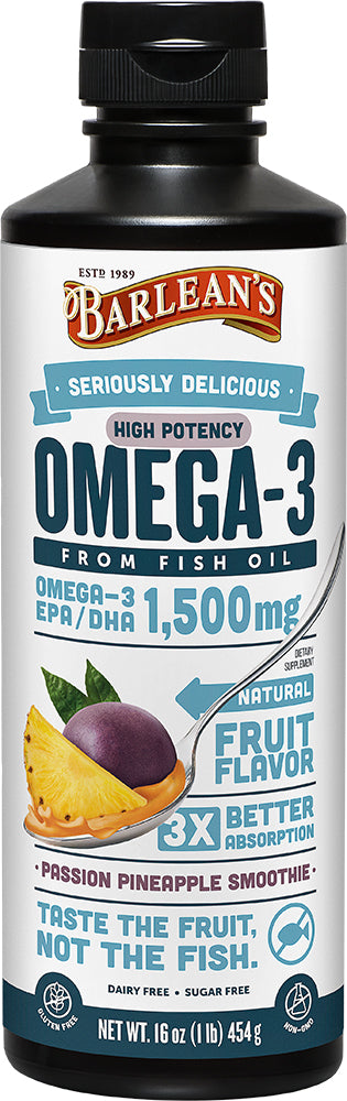 Omega-3 from Fish Oil, 1080 mg of Omega-3 EPA and DHA & 600 IU of Vitamin D, Passion Pineapple Smoothie Flavor, 16 Fl Oz (454 mL) Liquid , Brand_Barleans Flavor_Passion Pineapple Form_Liquid Potency_1080 mg Size_16 Oz