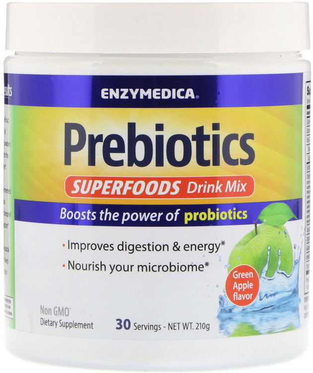 Prebiotics Superfoods Drink Mix, Green Apple Flavor, 7.4 Oz (210 g) Powder , Brand_Enzymedica Flavor_Green Apple Form_Powder Size_7.4 Oz