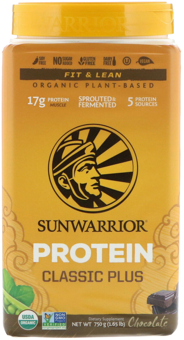 Organic Plant-Based Classic Plus Protein, 17 g of Protein per Serving from 5 Sprouted & Fermented Protein Sources, Chocolate Flavor, 1.65 Lb (750 g) Powder , Brand_Sunwarrior Flavor_Chocolate Form_Powder Potency_17 g Size_750 g