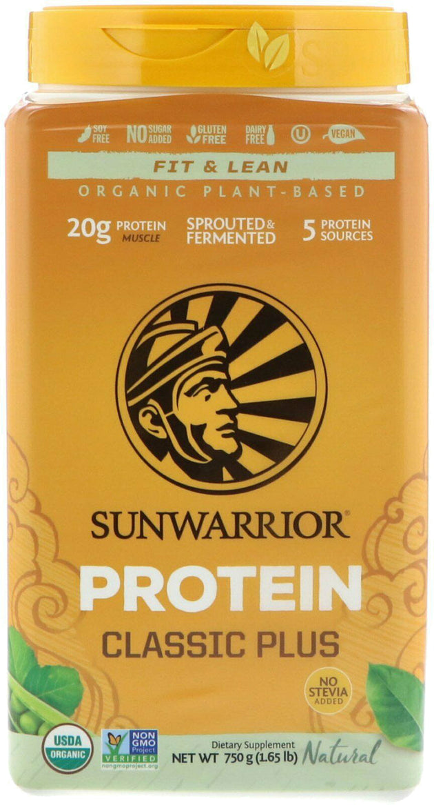 Organic Plant-Based Classic Plus Protein, 20 g of Protein per Serving from 5 Sprouted & Fermented Protein Sources, Unflavored, 1.65 Lb (750 g) Powder , Brand_Sunwarrior Form_Powder Potency_20 g Size_750 g