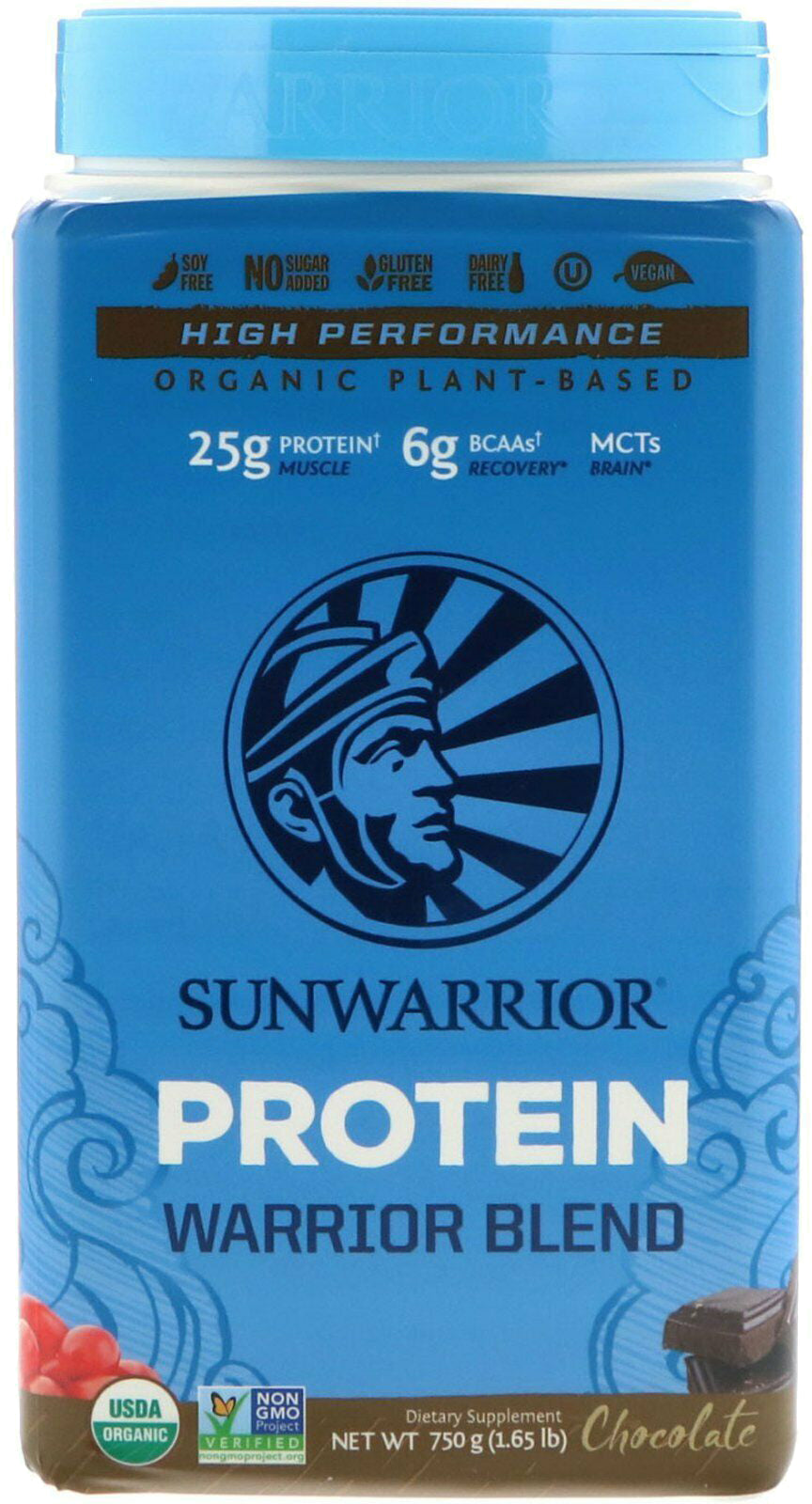 Organic Plant-Based Warrior Blend Protein, 25 g of Protein per Serving with 6 g of BCAAs and MCTs, Chocolate Flavor, 1.65 Lb (750 g) Powder , Brand_Sunwarrior Flavor_Chocolate Form_Powder Potency_16 g Size_750 g