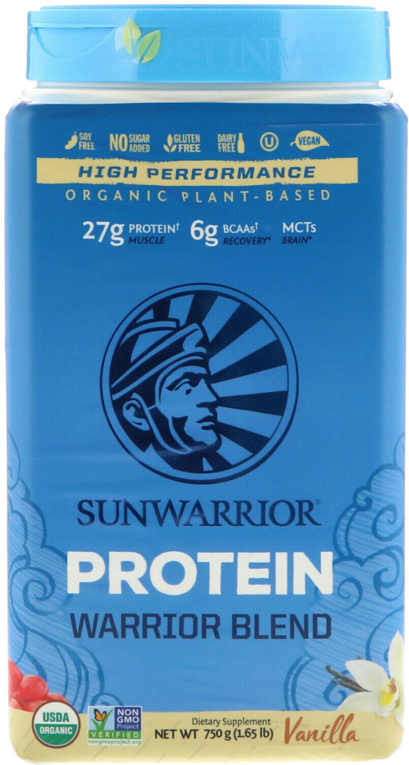 Organic Plant-Based Warrior Blend Protein, 27 g of Protein per Serving with 6 g of BCAAs and MCTs, Vanilla Flavor, 1.65 Lb (750 g) Powder , Brand_Sunwarrior Flavor_Vanilla Form_Powder Potency_17 g Size_750 g