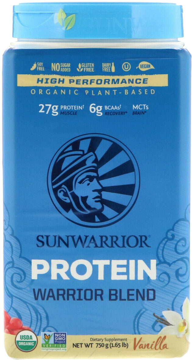 Organic Plant-Based Warrior Blend Protein, 27 g of Protein per Serving with 6 g of BCAAs and MCTs, Vanilla Flavor, 1.65 Lb (750 g) Powder