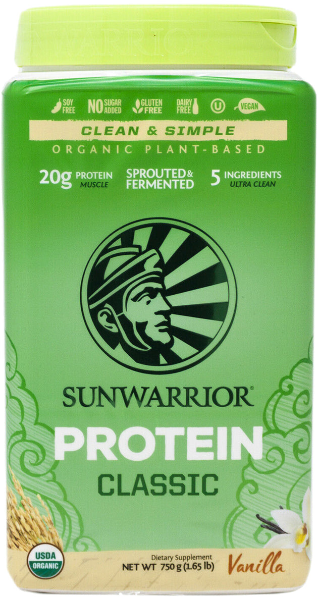 Organic Plant-Based Classic Protein, 20 g of Protein per Serving from 5 Sprouted & Fermented Protein Sources, Vanilla Flavor, 1.65 Lb (750 g) Powder , Brand_Sunwarrior Flavor_Vanilla Form_Powder Potency_20 g Size_750 g